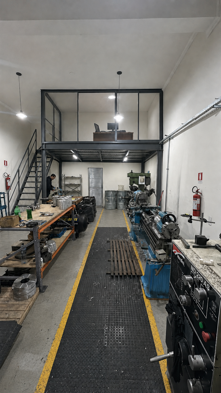 Oficina da AG TECH com bancadas, matéria-prima e escritório técnico no mezanino