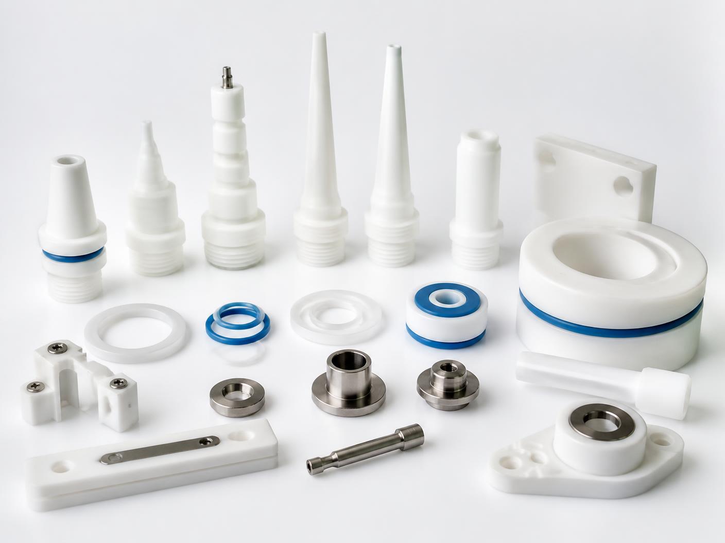 Componentes precisos em POM, Nylon e PTFE para linhas de envase e embalagem