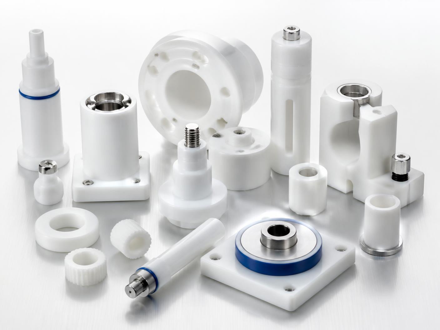 Peças brancas em PTFE, POM e Nylon com detalhes em inox e acabamento técnico